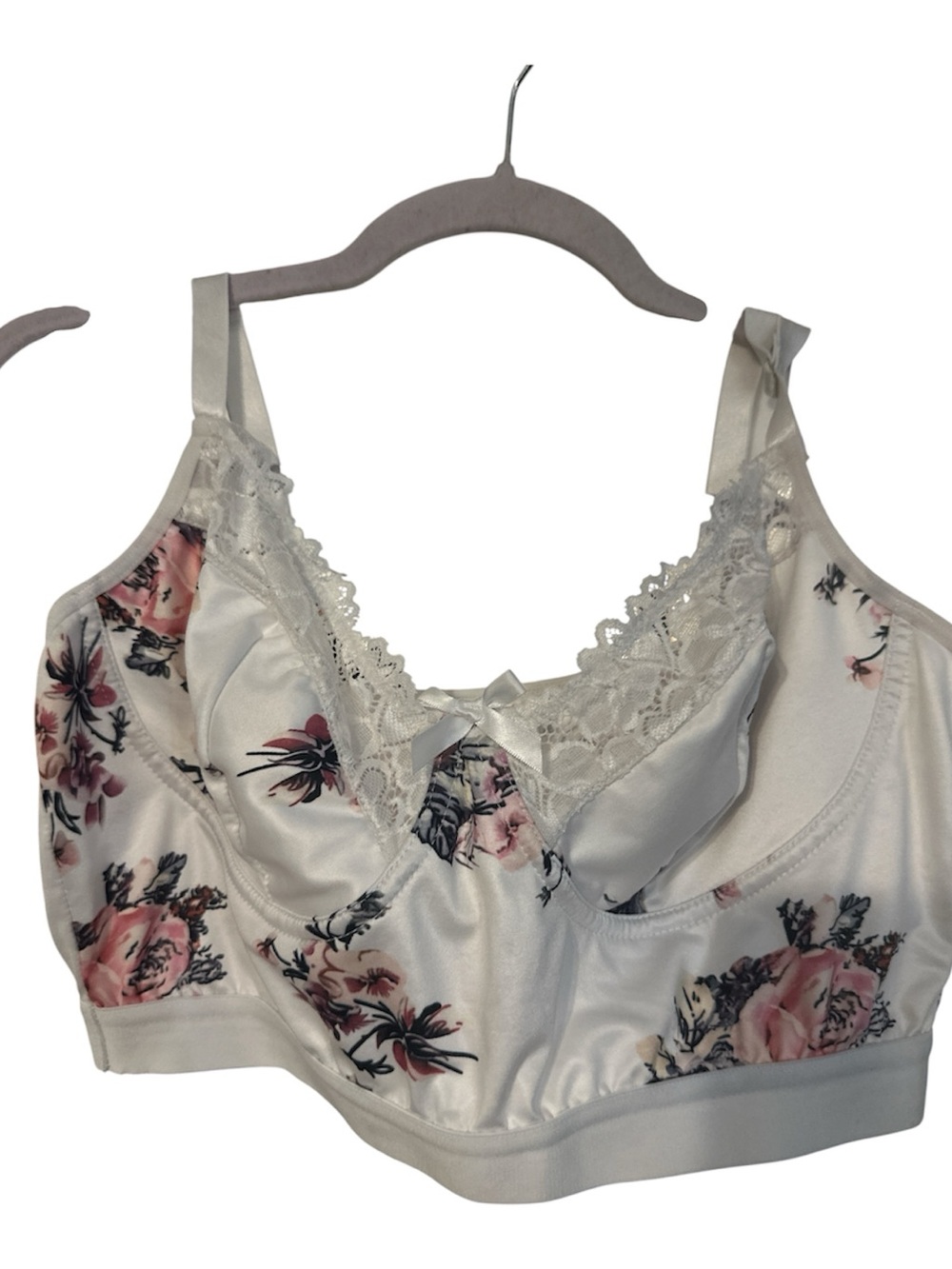 Amazon White Floral Lace-Trim Bralette with Pink Rose Print 2x adj straps cute